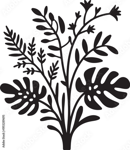 Black silhouette of a flowering plant with leaves and stems