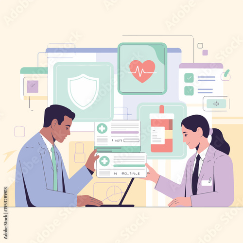 Medical professionals collaborating, exchanging patient health information and medical records on digital platform