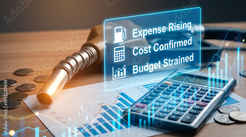 Financial planning concept with calculator coins and expense report on a wooden desk with rising cost icons