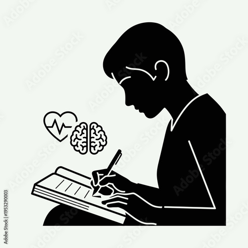 Silhouette of a person writing with thoughts.