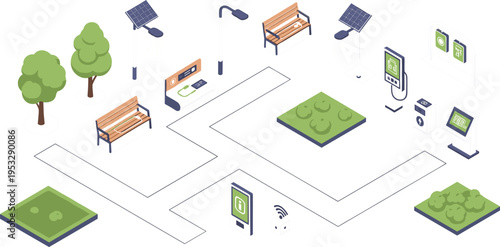 Modern Urban Park Set Featuring Solar-Powered Streetlights, Benches, Informational Kiosks, and Green Spaces