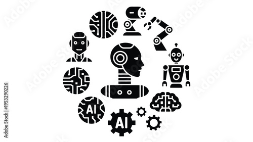 Artificial intelligence concept with robot head and icons on white background for technology and innovation designs
