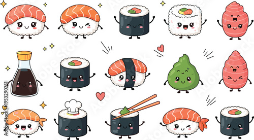 Cute kawaii sushi characters collection with salmon nigiri maki soy sauce wasabi cartoon food mascot vector illustration set