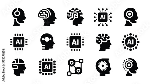 Artificial intelligence icons set black silhouettes of human heads with ai and brain symbols on white background