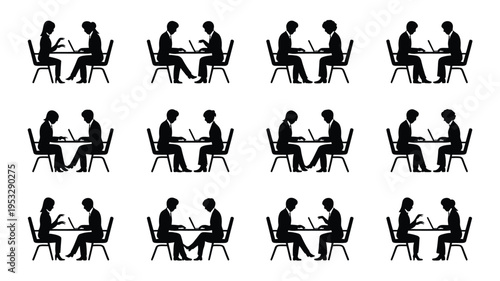 Silhouette bundle of business people sitting at tables working on laptops in various positions