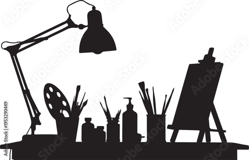 Black silhouette of artist workspace with easel lamp palette paints