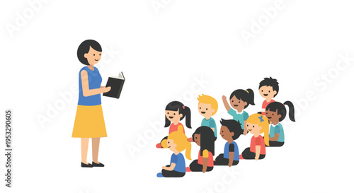 A teacher in a blue top and yellow skirt reads a book to a group of diverse young children sitting on the floor in a bright, minimalist setting.