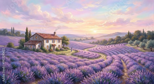 Beautiful Lavender Field Landscape at Sunset