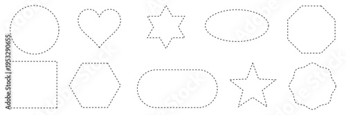 Set of dashed line basic geometric vector shapes. dotted outline of circle, rectangle, square, triangle, heart and star. Icon of cut frame. geometric shape vector art . Vector Illustration . EPS 10 .