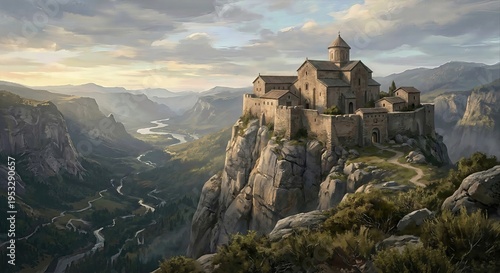 Mountain Monastery in a Majestic Valley at Sunrise