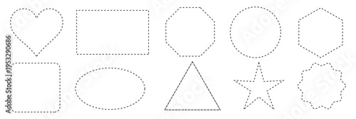 Set of dashed line basic geometric vector shapes. dotted outline of circle, rectangle, square, triangle, heart and star. Icon of cut frame. geometric shape vector art . Vector Illustration . EPS 10 .