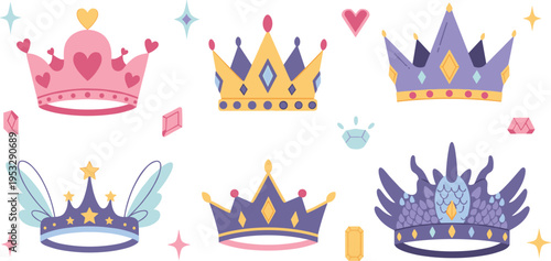 Fantasy Crown Illustration Set with Colorful Royal Tiaras, Princess Diadems, Winged and Magical Designs for Fairy Tale and Kids Costume Design Collection