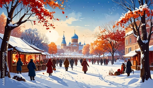 A snow-covered street festival scene featuring buildings with onion domes under a vibrant autumn sunset. People stroll