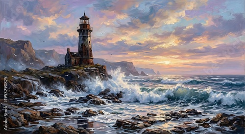 Oceanic lighthouse at sunset with crashing waves on rocky shore