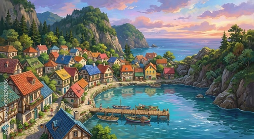 Picturesque coastal village nestled in a serene bay at sunset