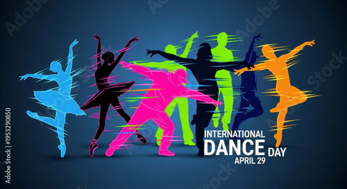 Vibrant silhouettes of dancers celebrate international dance day on april 29 with dynamic movements and colorful brush strokes