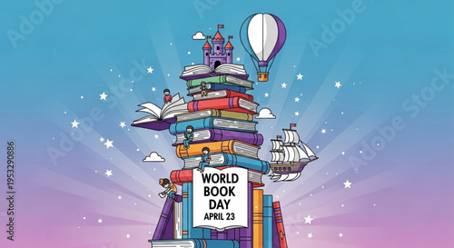 Colorful book tower celebrating world book day with a hot air balloon and sailboat against a vibrant gradient sky