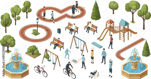 Isometric Park Design Featuring Fountains, Playgrounds, Bike Paths, Benches, and People Engaging in Outdoor Activities