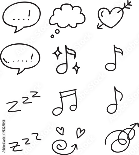 Set of hand drawn doodle speech bubbles featuring a sketch design with line art icons and alphabet text symbols for school or music