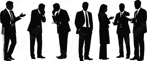 Silhouette of Business Interaction: Dynamic silhouettes depict professionals engaged in discussions, phone calls, and interactions, highlighting the energy of communication and collaboration.