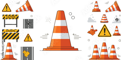 Road Construction Safety Icons Set with Traffic Cones Warning Signs Barriers and Work Zone Elements Vector Illustration Collection