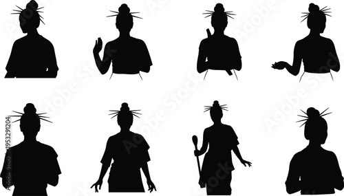 Enigmatic Silhouettes: A collection of captivating silhouettes of woman, each exuding a unique pose, suggesting mystery, style and elegance, poised against a minimalist backdrop. 