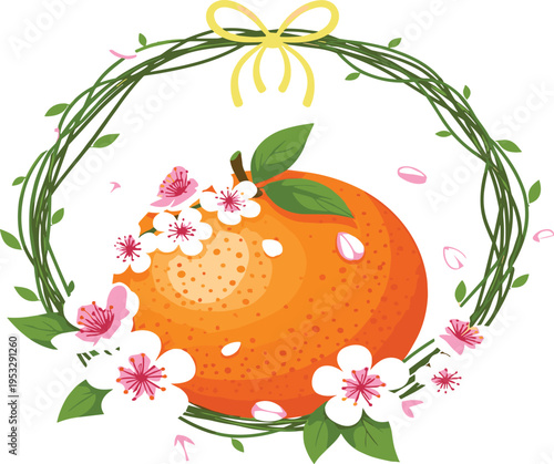 Orange Fruit Floral Wreath Composition with Leaves, Blossoms and Citrus Illustration Decorative Botanical Frame Vector Design Collection
