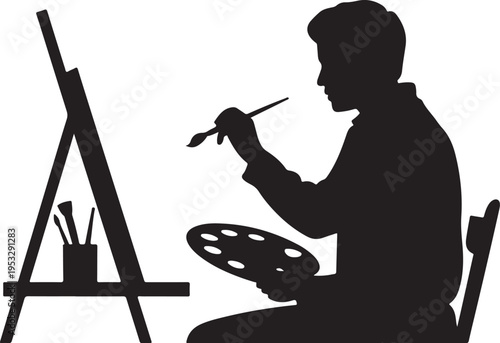 Black silhouette of man painting on easel with brushes and palette