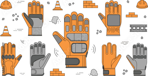 Construction safety gloves vector set with protective work gear helmets bricks and industrial equipment illustration