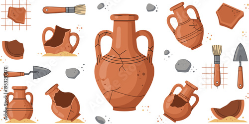 Ancient Broken Pottery and Archaeology Tools Vector Set with Clay Vases, Shards, Excavation Equipment and Historical Artifact Illustration Collection
