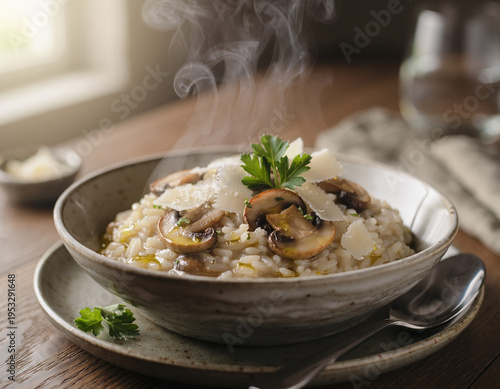 Delicious mushroom risotto with parmesan cheese and fresh parsley, a comforting and elegant dish