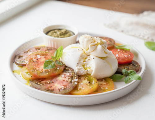 Creamy burrata cheese served with a vibrant array of heirloom tomatoes, fresh basil, and a side of aromatic pesto, creating a delightful and refreshing gourmet appetizer or light meal