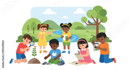 Vector illustration of children learning and exploring nature outdoors, featuring activities like drawing, insect study, and observation.