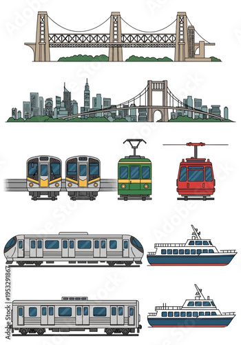 Collection of urban mass transit vehicles and bridge illustrations
