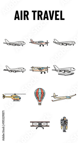 Illustrations of various air travel vehicles and personal flight devices