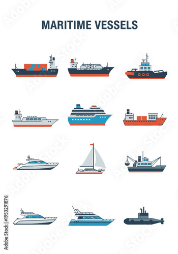 A grid of ten flatstyle maritime vessel icons with a central title