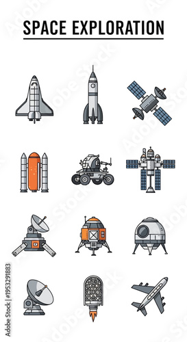 Collection of flatdesign icons related to space exploration vehicles and technology