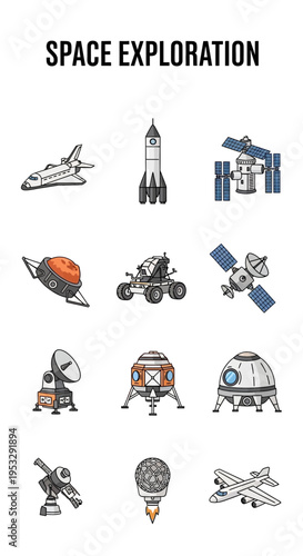 A grid of twelve distinct lineart icons representing various space exploration technology elements