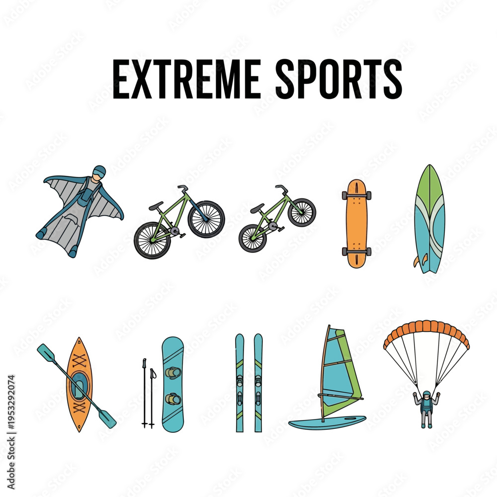 Naklejka premium Illustration of various extreme sports equipment and a wingsuit flyer