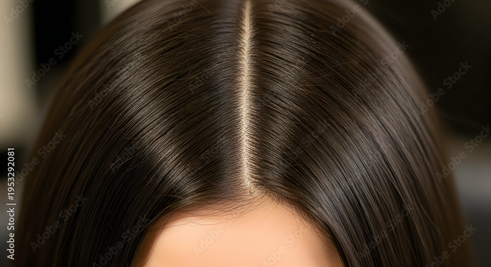 Fototapeta premium Close up view of the top of a woman's head showing a clean middle part in her dark brown hair style