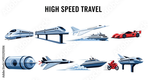 Collection of highspeed transportation methods illustrated in blue and red