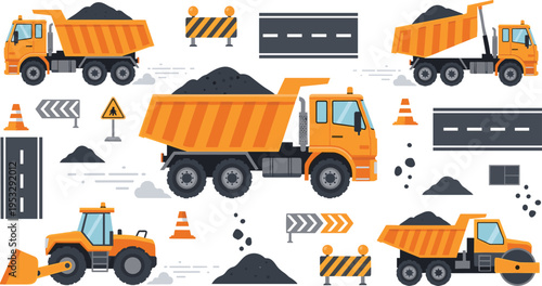 Construction dump truck set with roadwork elements and heavy equipment, building site transport illustration collection for industrial and infrastructure design