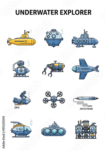 Collection of 12 lineart icons depicting various underwater exploration vehicles and devices