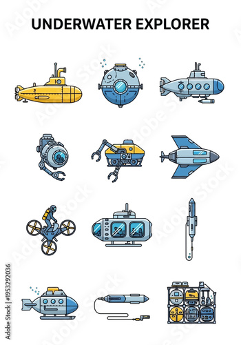 Set of twelve colorful icons depicting various underwater exploration vehicles and equipment