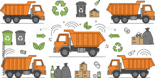 Garbage truck set with recycling symbols and waste management elements, sanitation service illustration collection, environmental cleanup vector for eco design