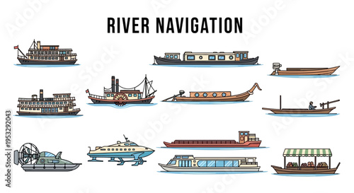Illustration of twelve distinct river navigation vessels shown in profile on blue water