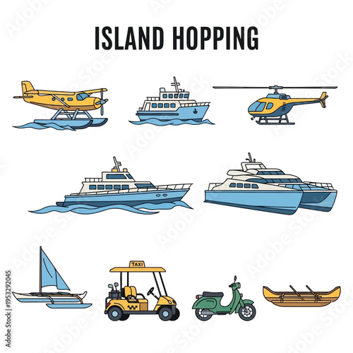 Illustration of various transport modes for island hopping including aircraft boats and personal vehicles