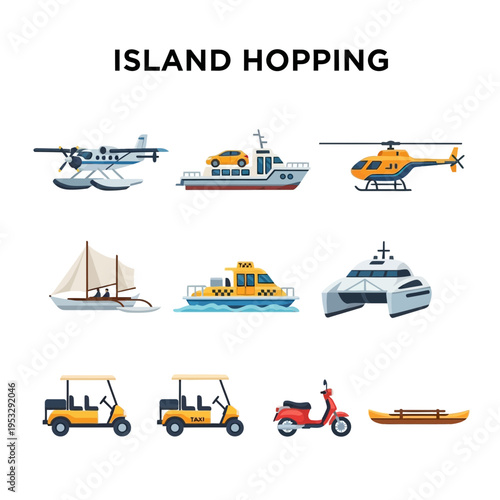 An illustration of various transportation methods for island hopping