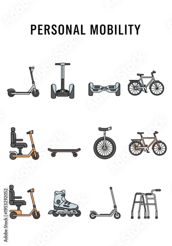 Icons illustrating various personal mobility devices arranged in three rows