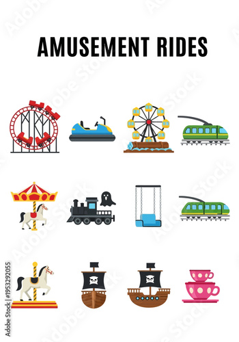 Collection of twelve flatstyle illustrations of various amusement park rides